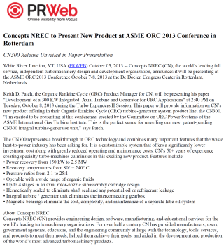 10/5/2013 - Concepts NREC to Present New Product at ASME ORC 2013 Conference in Rotterdam
